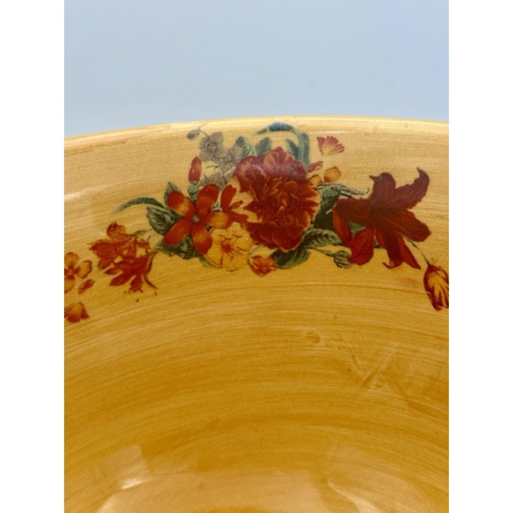 FTD Vintage Floral Ceramic Bowl With Wood‎ Pedestal Yellow & Red Retro 1970's